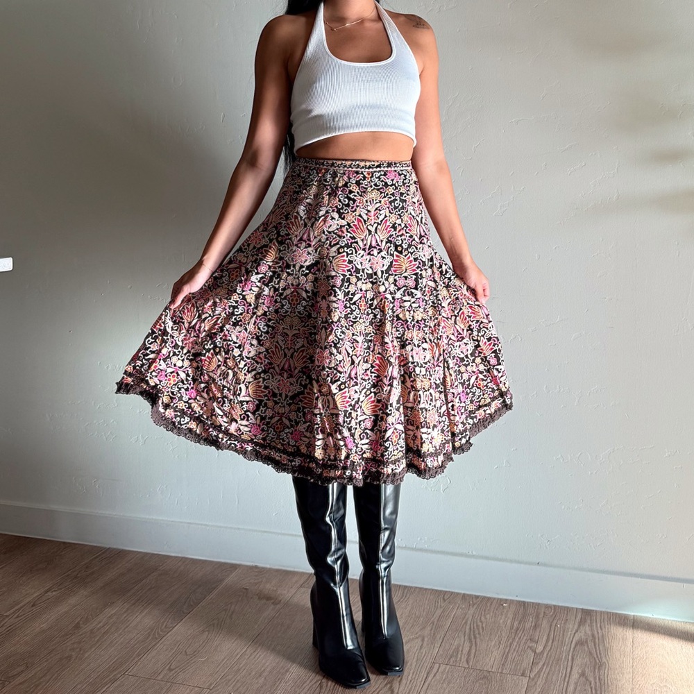 Vintage floral lace boho western fairy midi cotton skirt